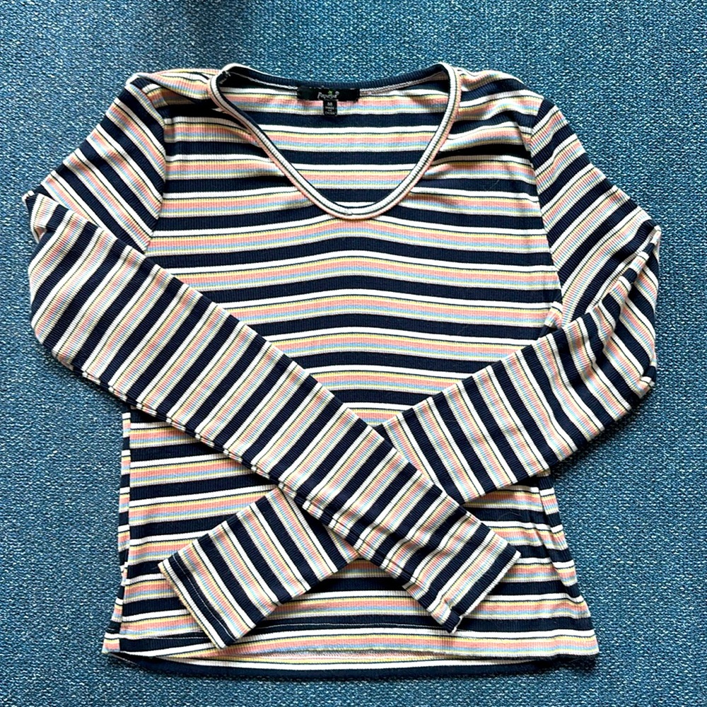 Papaya:  Long Sleeved, Cropped Tee, Size M, Multi-Colored Stripe